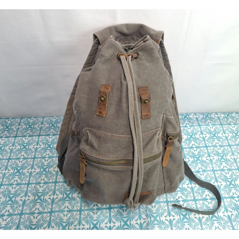 Canvas Leather Backpack Gray Brown Laptop Rucksack Fits 17” laptop